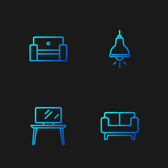 Set line Sofa, TV table stand, Armchair and Lamp hanging. Gradient color icons. Vector