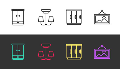 Set line Wardrobe, Chandelier, and Picture on black and white. Vector