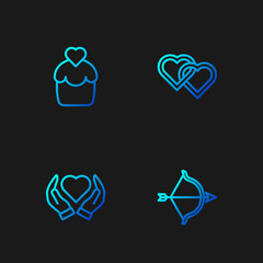 Set line Bow and arrow, Heart in hand, Wedding cake and Two Linked Hearts. Gradient color icons. Vector