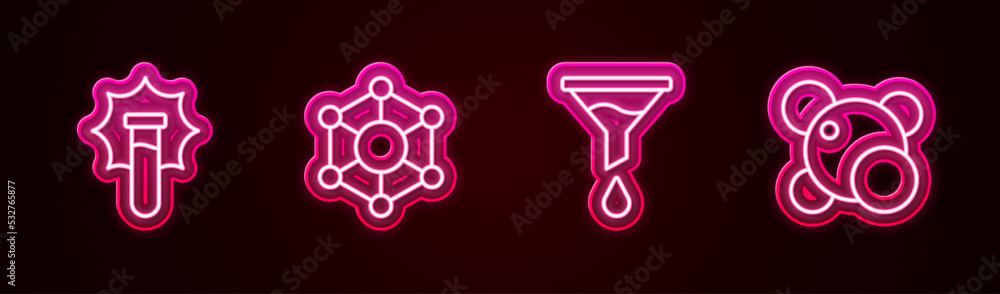 Poster set line explosion in the flask, molecule, funnel or filter and . glowing neon icon. vector