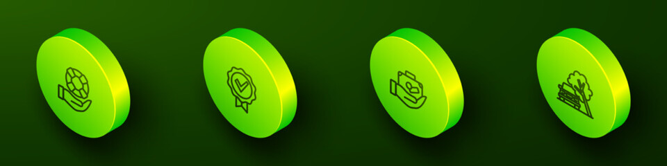Set Isometric line Lifebuoy in hand, Approved check mark, Travel suitcase and Car damaged by fallen tree icon. Vector