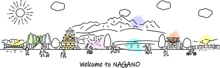 長野県の観光地の街並みと人々のシンプル線画イラスト
