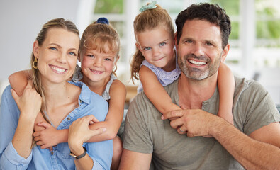 Obraz premium Happy, smile and portrait of relax family on home living room sofa bonding, having fun and enjoy quality time together. Happiness, love and happy family youth kids or children hug mother and father