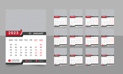 12 pages Wall Calendar 2023, Wall calendar design template for 2023, simple, clean, and elegant design Week starts on Monday