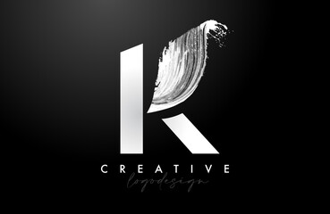 White Letter K Logo Brush Stroke with Artistic Watercolor Paint Brush Icon Vector Design