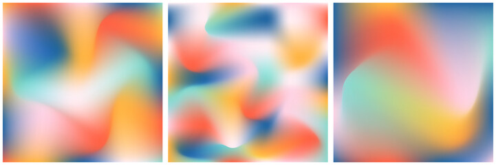 Aesthetic microblog carousel slides template for social media. Three pages with mesh gradient pastel colors background. Trendy design with copy space for text. Vibrant blurred square template for soci