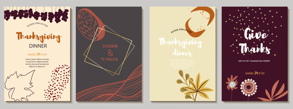 Set of invitations, menu, card design with bunches of grapes, abstract flowers, spots, autumn palette. Suitable for Thanksgiving dinner or fall birthday. Vector illustration.