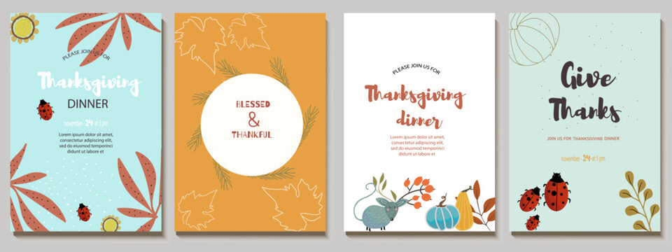 Set of invitations, menu, card design with fox, trees, abstract flowers, spots, autumn palette. Good for Thanksgiving dinner or a fall birthday. Vector illustration.