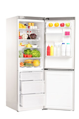 Open fridge full of healthy food products and open freezer