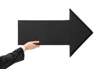 Male hand holding a big black arrow pointing right