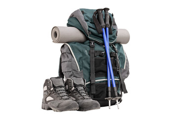 Hiking equipment, rucksack, boots, poles and slipping pad - obrazy, fototapety, plakaty