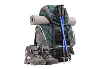 Hiking equipment, rucksack, boots, poles and slipping pad