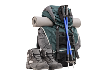 Hiking equipment, rucksack, boots, poles and slipping pad