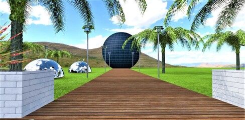 Innovative idea. Ball with photoelectric coating. The solar power plant inside is protected from the environment. Gathers maximum light. Looks stylish and aesthetic. 3d render. - obrazy, fototapety, plakaty