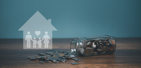 Coin of money in the jar for family, saving, charity, finance, investment, financial crisis plan concept.
- 532767409