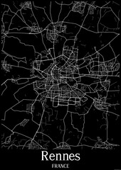 Black and White city map poster of Rennes France.