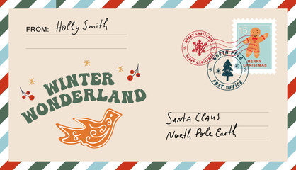 Christmas envelope with stamps, seals and inscriptions to santa claus. Winter wondarland sign in groovy style.