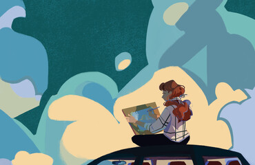 A young girl sits on the roof of a car and draws a landscape of the sky in soft pink-blue clouds. Atmosphere of peace, rest, meditation