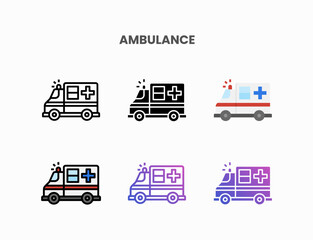 Ambulance icon set with line, outline, flat, filled, glyph, color, gradient. Editable stroke and pixel perfect. Can be used for digital product, presentation, print design and more.