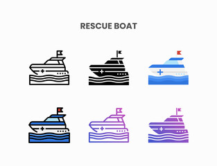 Rescue Boat icon set with line, outline, flat, filled, glyph, color, gradient. Editable stroke and pixel perfect. Can be used for digital product, presentation, print design and more.