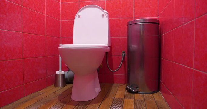 Toilet room interior with white toilet bowl with open lid, metallic wastebasket, toilet brush and red wall tiles. Cinema 4K 60fps zoom-out video