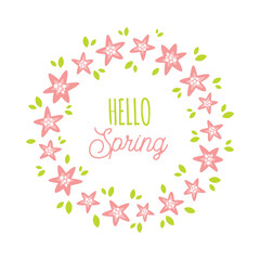Hello Spring floral wreath Svg cut file. Vector illustration isolated on white background. Hello spring round sign or card. Cute hand drawn flowers and leaves