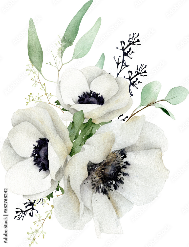 Wall mural Hand-drawn floral arrangement with white anemone flowers, eucalyptus. Isolated winter and spring bouquet for greeting cards design, wedding invitations, decor 