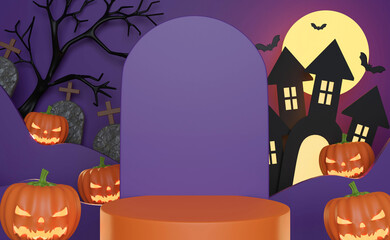 Halloween product display podium decorated with haunted castle cemetery with full moon and pumpkin jack O lantern. 3D rendering illustration