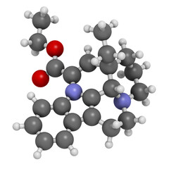 Vinpocetine molecule. 3D rendering.  Semisynthetic vinca alkaloid derivative, used as drug and as dietary supplement.