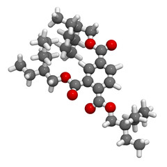 tri-octyl-trimellitate (TOTM, tris (2-ethylhexyl) trimellitate) plasticizer molecule. 3D rendering.  Alternative to phthalate plasticizers.