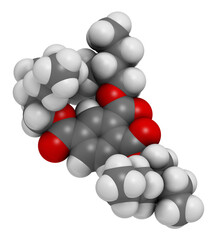 tri-octyl-trimellitate (TOTM, tris (2-ethylhexyl) trimellitate) plasticizer molecule. 3D rendering.  Alternative to phthalate plasticizers.