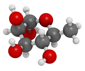 Rhamnose (L-rhamnose) deoxy sugar molecule. 3D rendering.  Used in cosmetics to treat wrinkles.