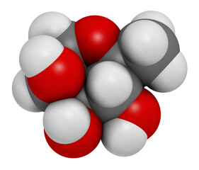 Rhamnose (L-rhamnose) deoxy sugar molecule. 3D rendering.  Used in cosmetics to treat wrinkles.