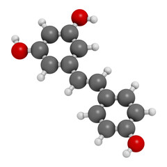 Resveratrol molecule. 3D rendering.  Present in many plants, including grapes and raspberries. Believed to have a number of positive health effects.