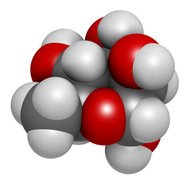 Rhamnose (L-rhamnose) deoxy sugar molecule. 3D rendering.  Used in cosmetics to treat wrinkles.