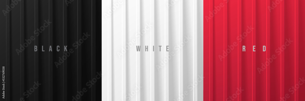 Poster set of 3d vertical pattern with light and shadow. abstract modern black, white, dark red gradient ba