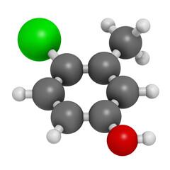 Chlorocresol (p-chlorocresol) antiseptic and preservative molecule, 3D rendering.