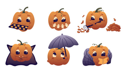Set of cozy Halloween pumpkins for the holiday. Childish cartoon illustration with funny pumpkins doing their hobbies.  Autumn vector isolated characters