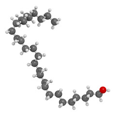 Octacosanol plant wax component molecule. 3D rendering.  long chain fatty alcohol, present in e.g. the waxy cover of eucalyptus leaves. Main constituent of policosanol nutritional supplement.