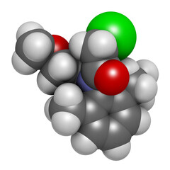 Metolachlor herbicide (weed killer) molecule, 3D rendering.