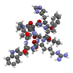 Melanotan II synthetic tanning drug molecule. 3D rendering.  Not approved as drug.