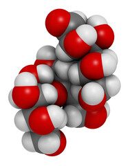 Maltodextrin food additive molecule. 3D rendering.  Atoms are represented as spheres with conventional color coding: hydrogen (white), carbon (grey), oxygen (red).