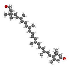 Lutein carotenoid molecule. 3D rendering.  Nutrient present in green leafy vegetables such as spinach and kale. Atoms are represented as spheres with conventional color coding