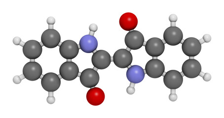 Indigotin indigo dye molecule. 3D rendering.  Used to color cotton in the production of denim cloth for blue jeans.