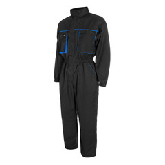 Black work overalls with blue lines