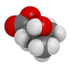 Beta-hydroxy beta-methylbutyric acid (HMB) leucine metabolite molecule. 3D rendering.  Used as supplement, may increase strength and muscle mass.