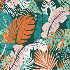 Fototapeta na wymiar vector seamless beautiful artistic colorful silhouette tropical pattern with exotic forest. Multicolor leaves original stylish floral background print, bright flower Colors