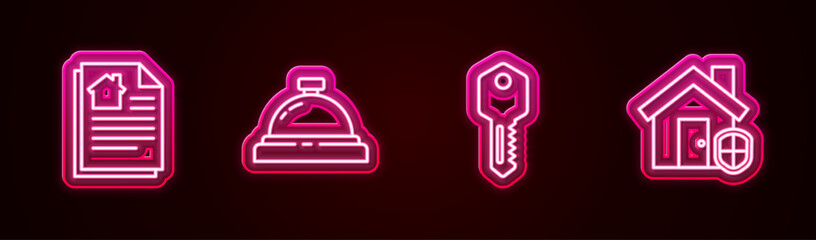 Set line House contract, Hotel service bell, key and under protection. Glowing neon icon. Vector