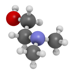 Dimethylaminoethanol (dimethylethanolamine, DMEA, DMAE) molecule. 3D rendering.  May have beneficial effects on health, including lifespan increase.