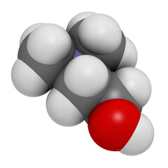 Dimethylaminoethanol (dimethylethanolamine, DMEA, DMAE) molecule. 3D rendering.  May have beneficial effects on health, including lifespan increase.